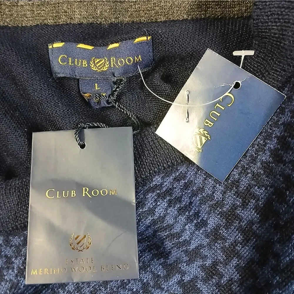 Club Room Men's Sweater Size Large Blue Merino Wool Stretch Academia Grandpacore - Picture 4 of 6